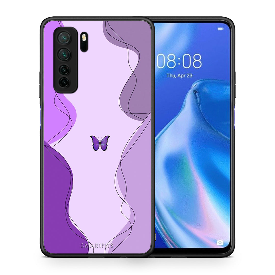 Θήκη Huawei P40 Lite 5G Purple Mariposa από τη Smartfits με σχέδιο στο πίσω μέρος και μαύρο περίβλημα | Huawei P40 Lite 5G Purple Mariposa Case with Colorful Back and Black Bezels