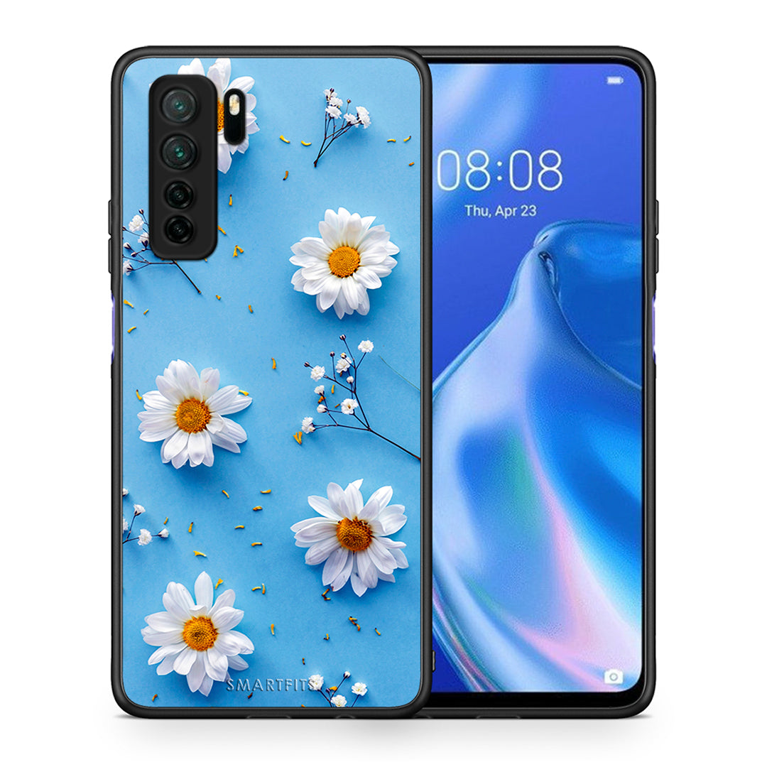 Θήκη Huawei P40 Lite 5G Real Daisies από τη Smartfits με σχέδιο στο πίσω μέρος και μαύρο περίβλημα | Huawei P40 Lite 5G Real Daisies Case with Colorful Back and Black Bezels