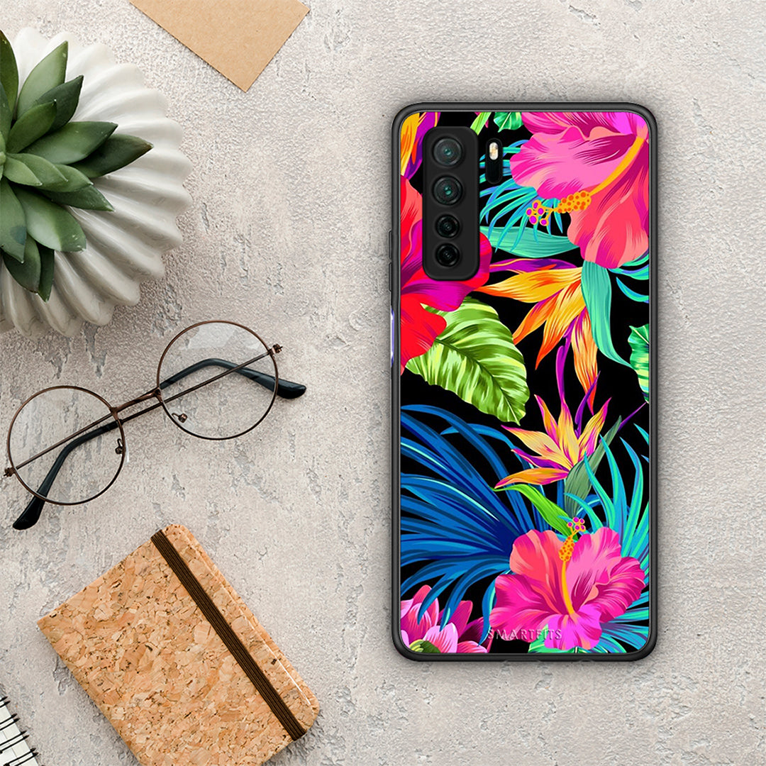 Θήκη Huawei P40 Lite 5G Tropical Flowers από τη Smartfits με σχέδιο στο πίσω μέρος και μαύρο περίβλημα | Huawei P40 Lite 5G Tropical Flowers Case with Colorful Back and Black Bezels