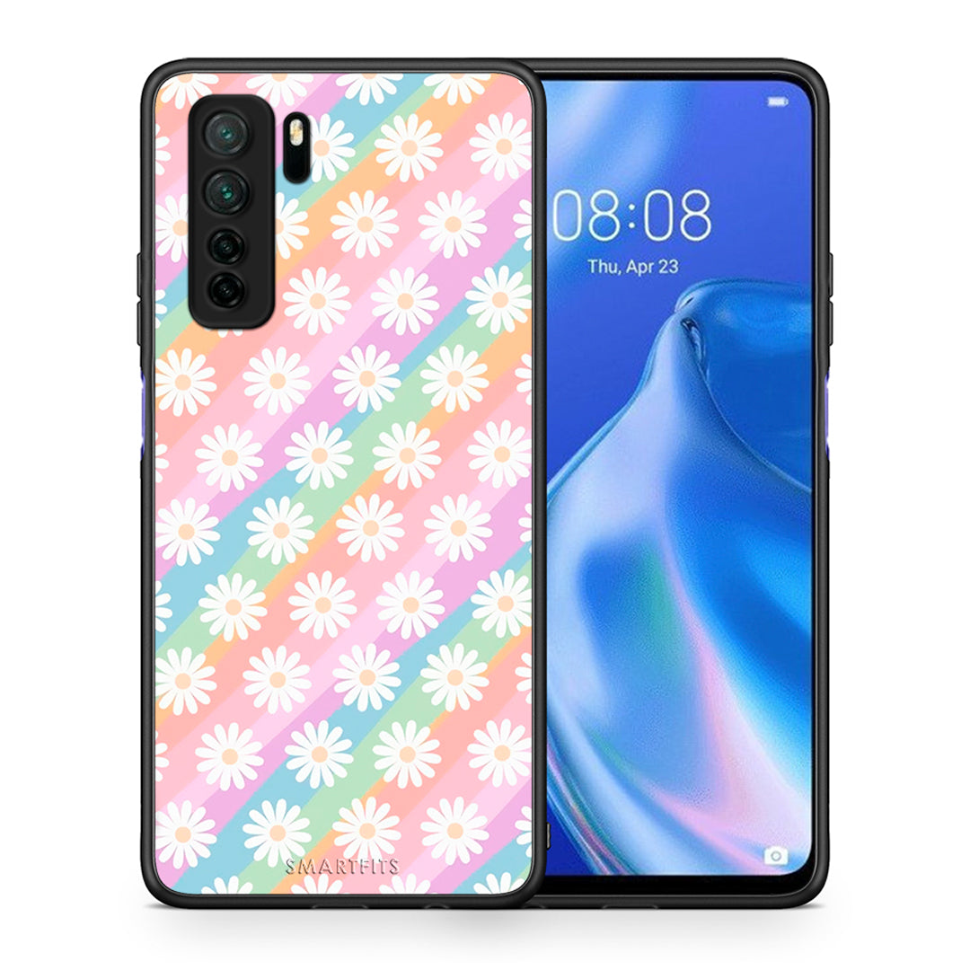 Θήκη Huawei P40 Lite 5G White Daisies από τη Smartfits με σχέδιο στο πίσω μέρος και μαύρο περίβλημα | Huawei P40 Lite 5G White Daisies Case with Colorful Back and Black Bezels