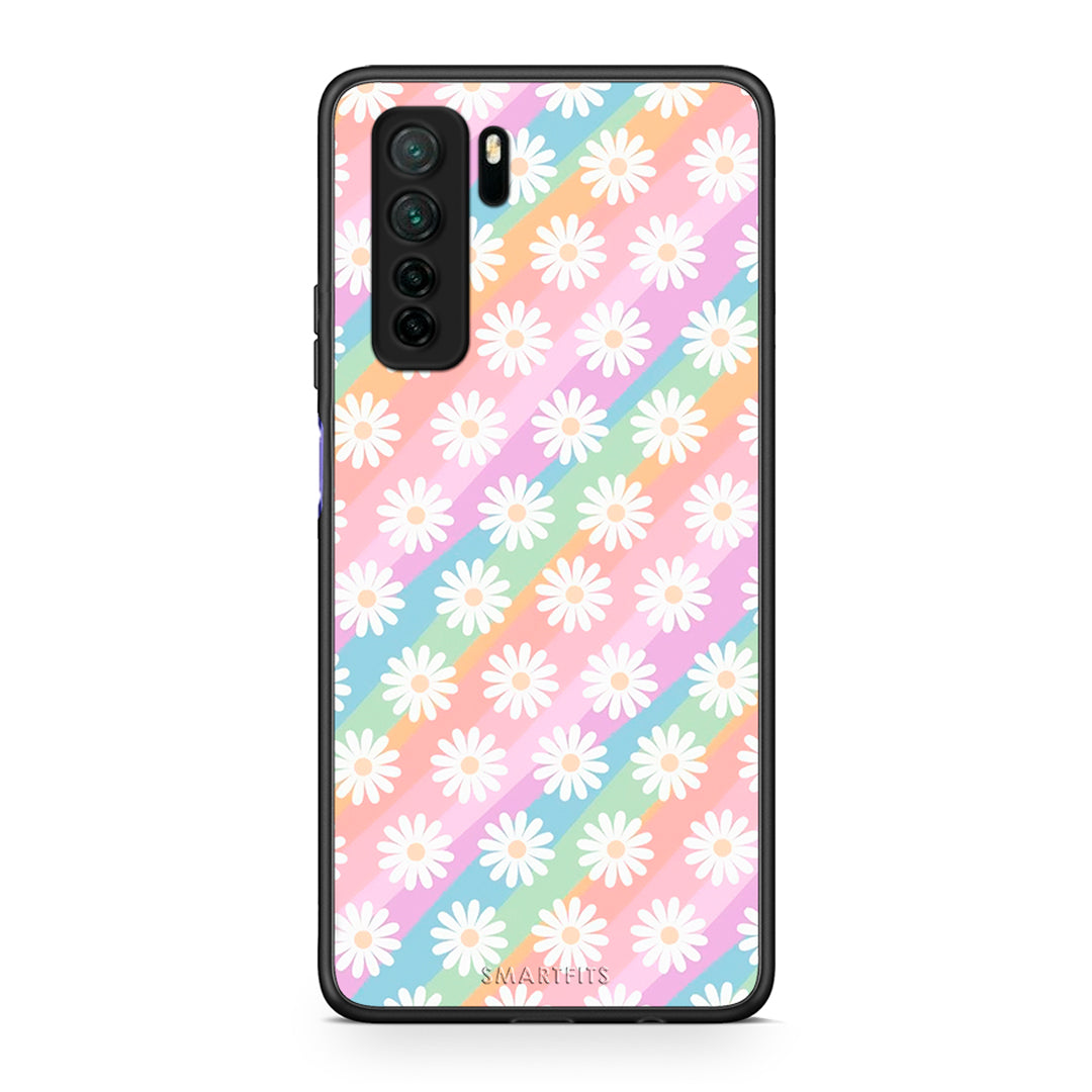 Θήκη Huawei P40 Lite 5G White Daisies από τη Smartfits με σχέδιο στο πίσω μέρος και μαύρο περίβλημα | Huawei P40 Lite 5G White Daisies Case with Colorful Back and Black Bezels