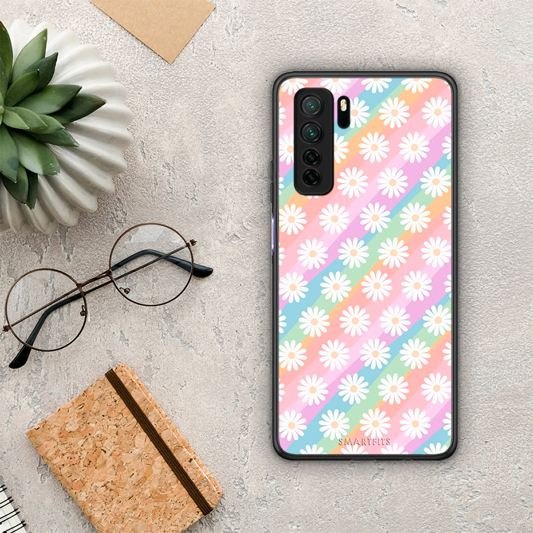 Θήκη Huawei P40 Lite 5G White Daisies από τη Smartfits με σχέδιο στο πίσω μέρος και μαύρο περίβλημα | Huawei P40 Lite 5G White Daisies Case with Colorful Back and Black Bezels