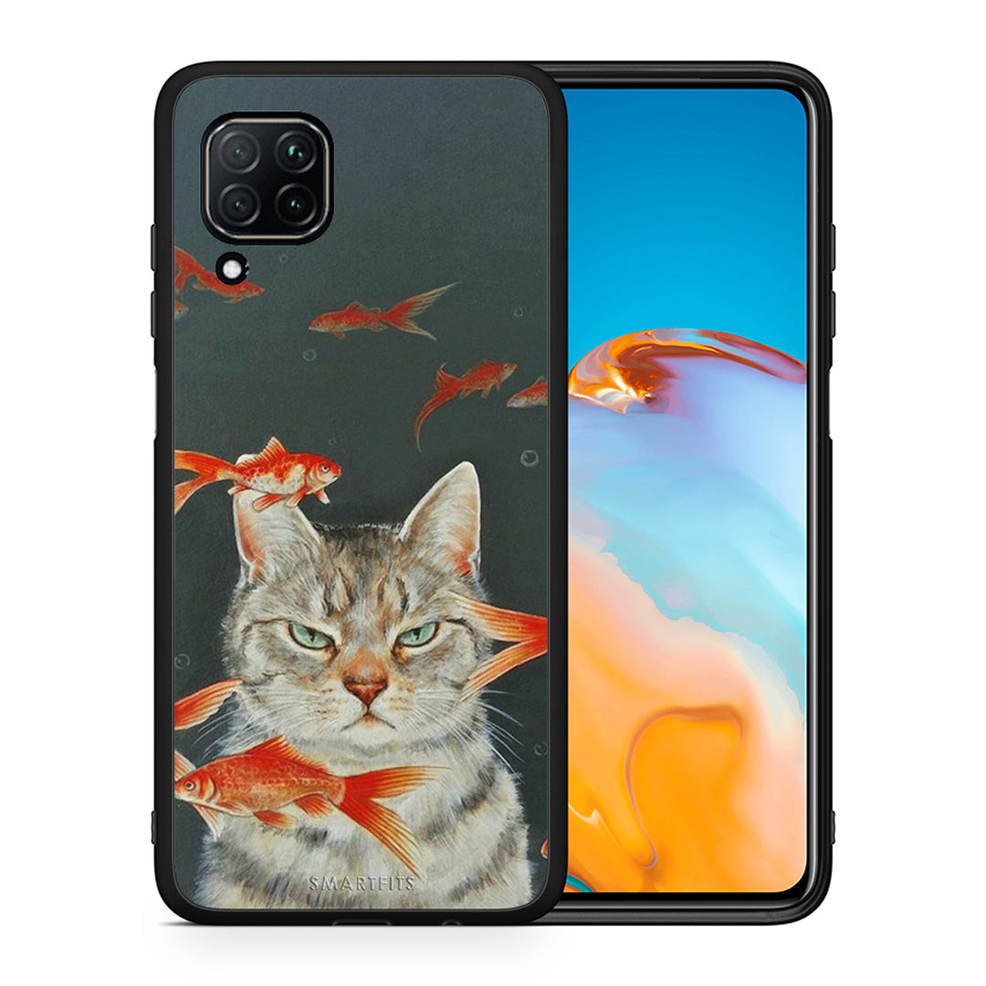 Θήκη Huawei P40 Lite Cat Goldfish από τη Smartfits με σχέδιο στο πίσω μέρος και μαύρο περίβλημα | Huawei P40 Lite Cat Goldfish case with colorful back and black bezels