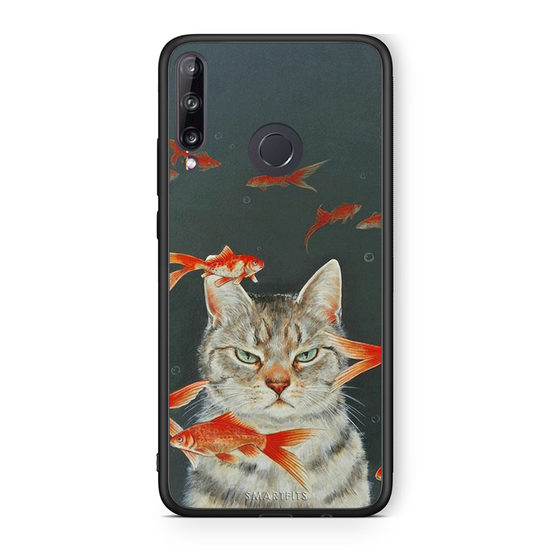 Huawei P40 Lite E Cat Goldfish θήκη από τη Smartfits με σχέδιο στο πίσω μέρος και μαύρο περίβλημα | Smartphone case with colorful back and black bezels by Smartfits