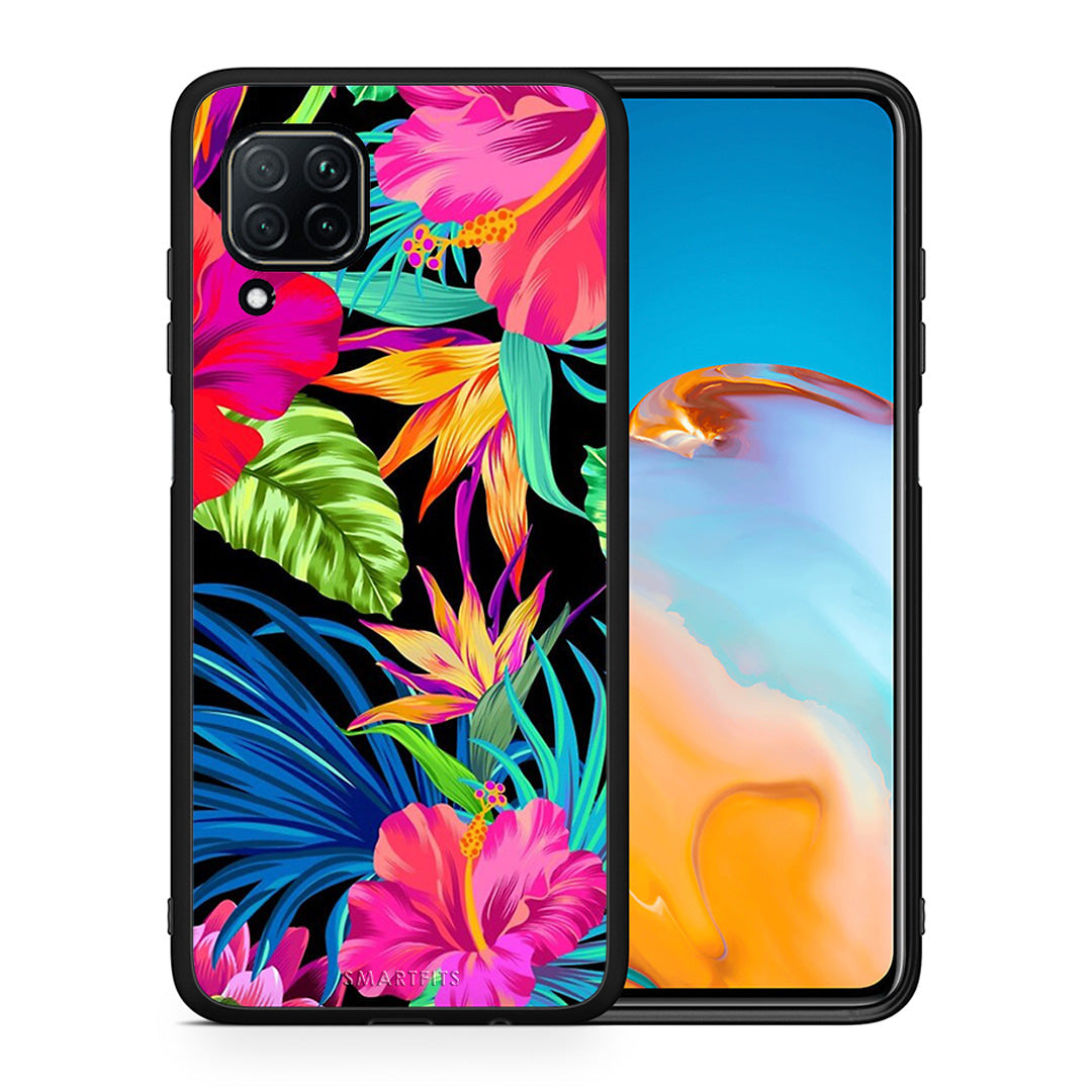 Θήκη Huawei P40 Lite Tropical Flowers από τη Smartfits με σχέδιο στο πίσω μέρος και μαύρο περίβλημα | Huawei P40 Lite Tropical Flowers case with colorful back and black bezels