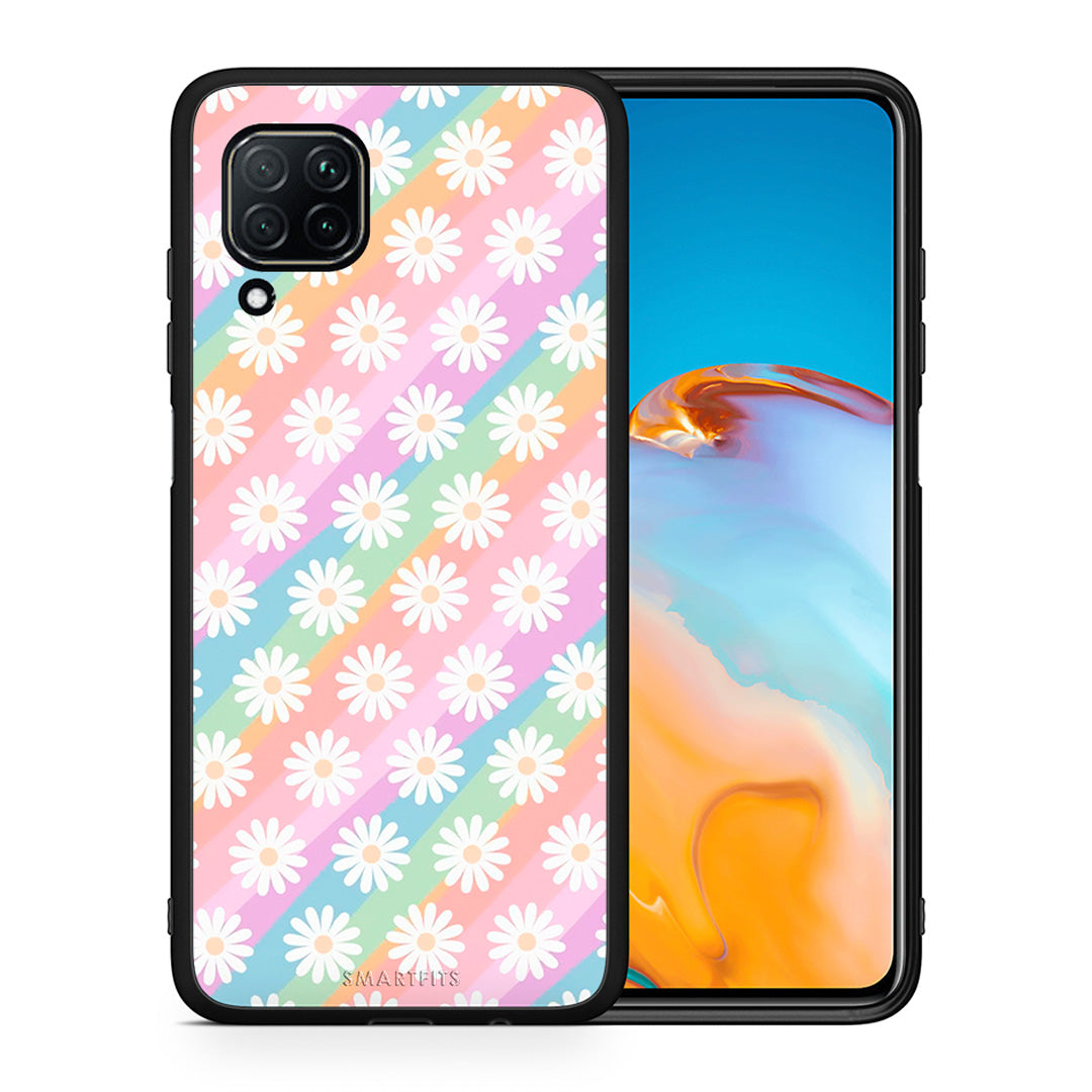 Θήκη Huawei P40 Lite White Daisies από τη Smartfits με σχέδιο στο πίσω μέρος και μαύρο περίβλημα | Huawei P40 Lite White Daisies case with colorful back and black bezels