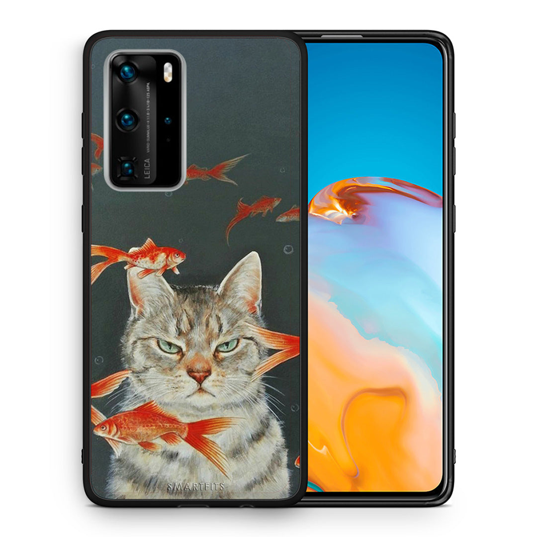Θήκη Huawei P40 Pro Cat Goldfish από τη Smartfits με σχέδιο στο πίσω μέρος και μαύρο περίβλημα | Huawei P40 Pro Cat Goldfish case with colorful back and black bezels