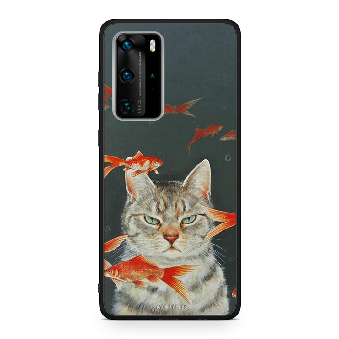 Huawei P40 Pro Cat Goldfish θήκη από τη Smartfits με σχέδιο στο πίσω μέρος και μαύρο περίβλημα | Smartphone case with colorful back and black bezels by Smartfits