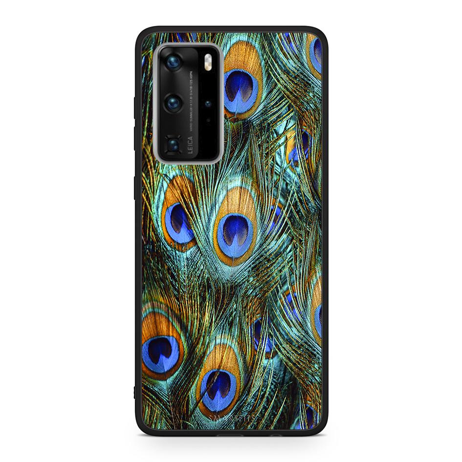 Huawei P40 Pro Real Peacock Feathers θήκη από τη Smartfits με σχέδιο στο πίσω μέρος και μαύρο περίβλημα | Smartphone case with colorful back and black bezels by Smartfits