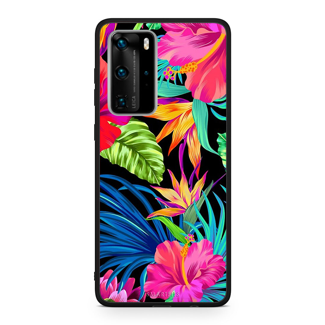 Huawei P40 Pro Tropical Flowers θήκη από τη Smartfits με σχέδιο στο πίσω μέρος και μαύρο περίβλημα | Smartphone case with colorful back and black bezels by Smartfits