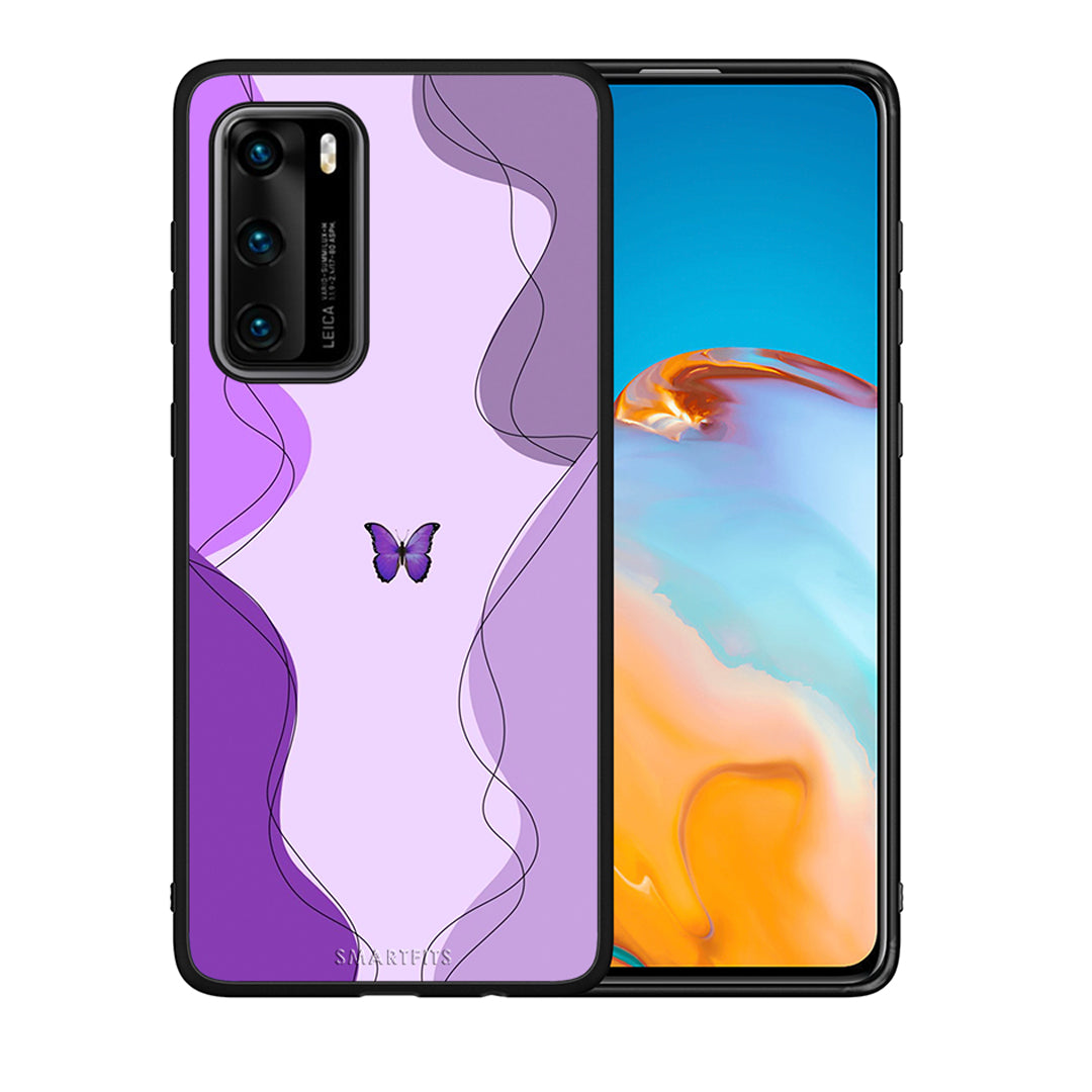 Θήκη Αγίου Βαλεντίνου Huawei P40 Purple Mariposa από τη Smartfits με σχέδιο στο πίσω μέρος και μαύρο περίβλημα | Huawei P40 Purple Mariposa case with colorful back and black bezels