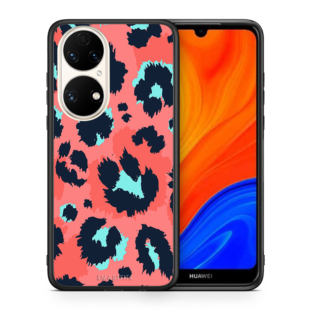 Θήκη Huawei P50 Pink Leopard Animal από τη Smartfits με σχέδιο στο πίσω μέρος και μαύρο περίβλημα | Huawei P50 Pink Leopard Animal case with colorful back and black bezels