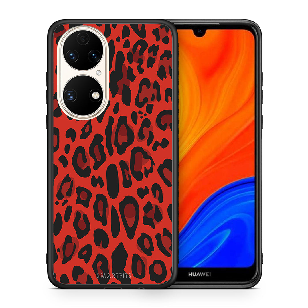 Θήκη Huawei P50 Red Leopard Animal από τη Smartfits με σχέδιο στο πίσω μέρος και μαύρο περίβλημα | Huawei P50 Red Leopard Animal case with colorful back and black bezels