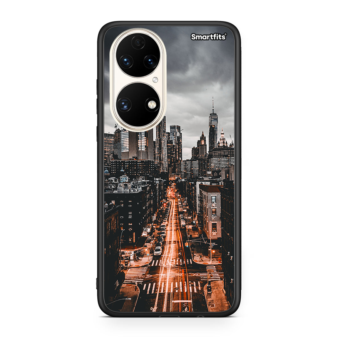 Huawei P50 City Lights θήκη από τη Smartfits με σχέδιο στο πίσω μέρος και μαύρο περίβλημα | Smartphone case with colorful back and black bezels by Smartfits