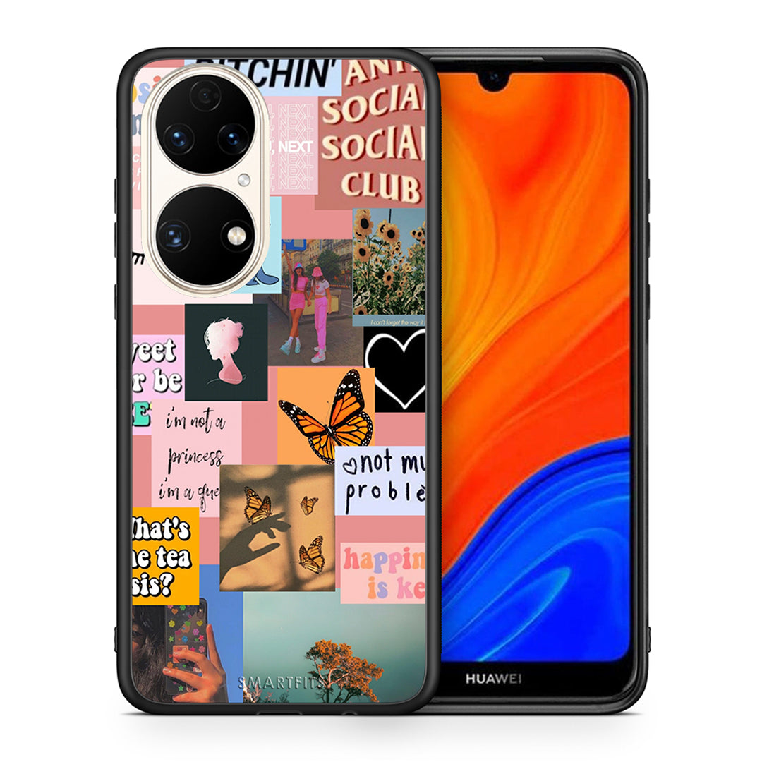Θήκη Αγίου Βαλεντίνου Huawei P50 Collage Bitchin από τη Smartfits με σχέδιο στο πίσω μέρος και μαύρο περίβλημα | Huawei P50 Collage Bitchin case with colorful back and black bezels