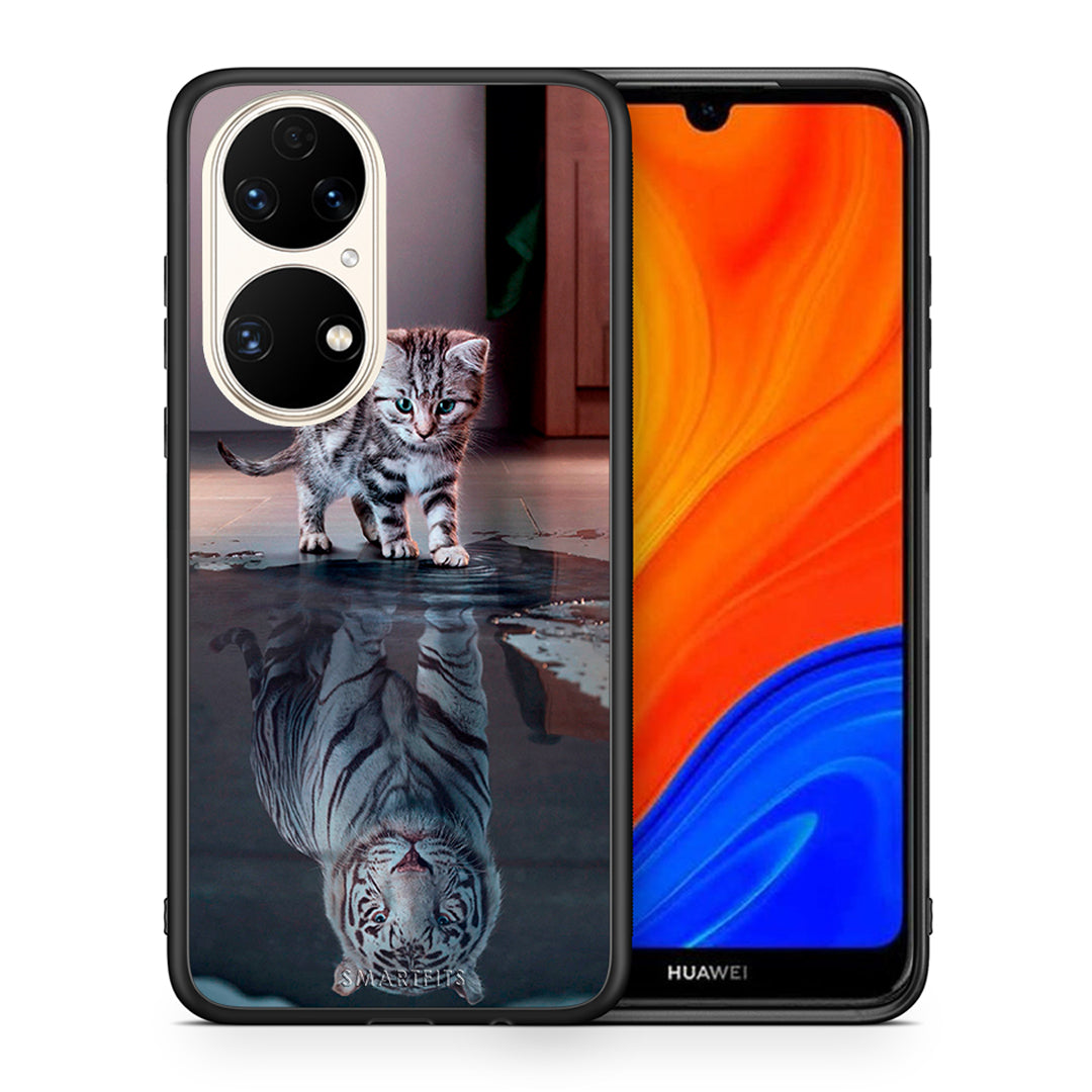 Θήκη Huawei P50 Tiger Cute από τη Smartfits με σχέδιο στο πίσω μέρος και μαύρο περίβλημα | Huawei P50 Tiger Cute case with colorful back and black bezels