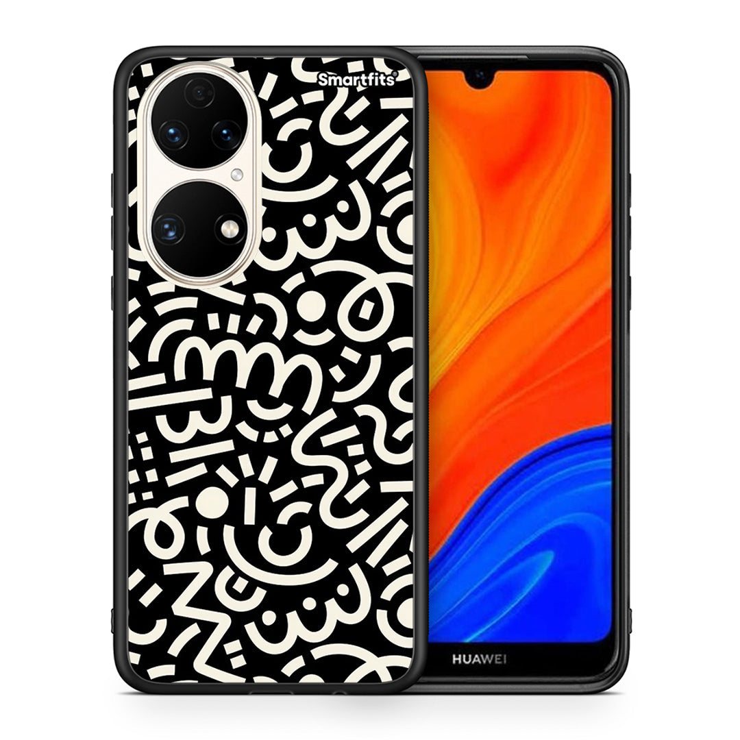 Θήκη Huawei P50 Doodle Art από τη Smartfits με σχέδιο στο πίσω μέρος και μαύρο περίβλημα | Huawei P50 Doodle Art case with colorful back and black bezels