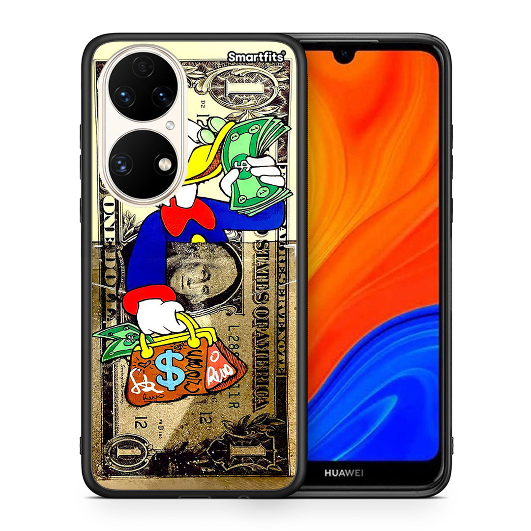 Θήκη Huawei P50 Duck Money από τη Smartfits με σχέδιο στο πίσω μέρος και μαύρο περίβλημα | Huawei P50 Duck Money case with colorful back and black bezels