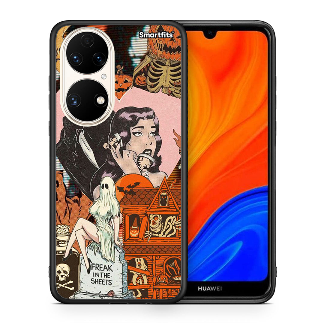 Θήκη Huawei P50 Halloween Collage από τη Smartfits με σχέδιο στο πίσω μέρος και μαύρο περίβλημα | Huawei P50 Halloween Collage case with colorful back and black bezels