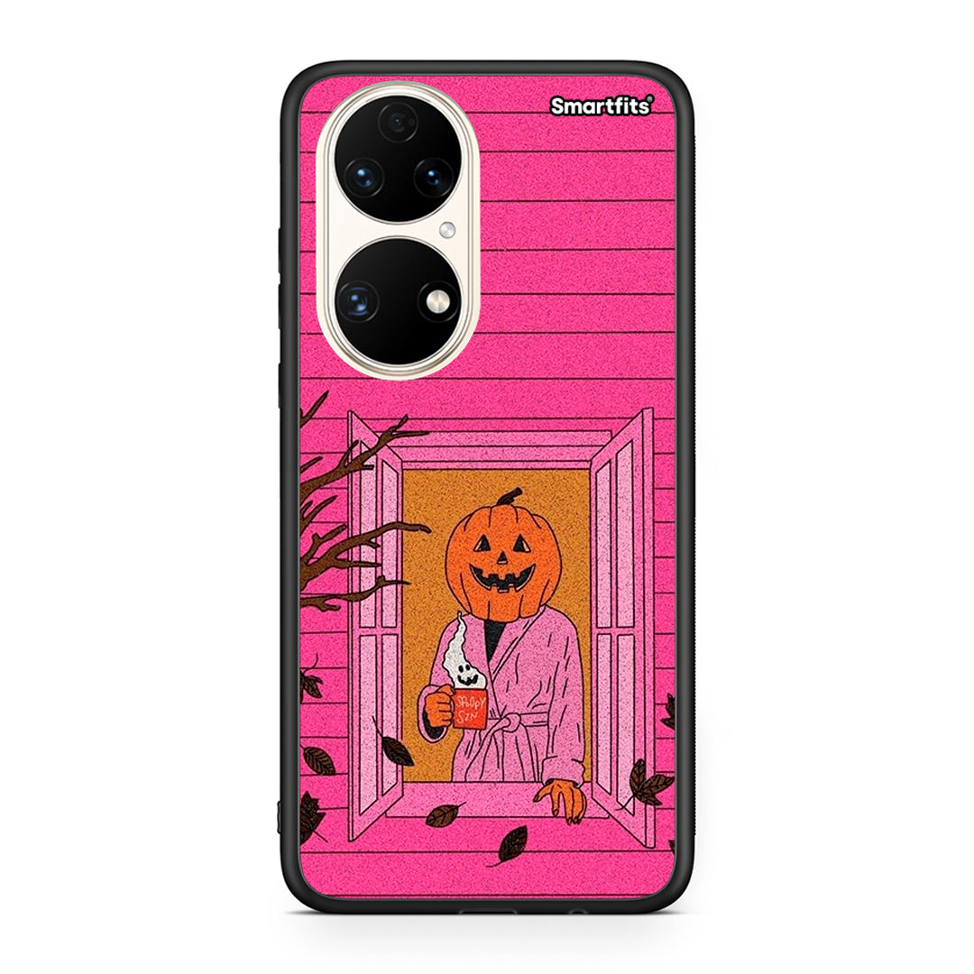 Huawei P50 Halloween Pumpkin Lady Θήκη από τη Smartfits με σχέδιο στο πίσω μέρος και μαύρο περίβλημα | Smartphone case with colorful back and black bezels by Smartfits