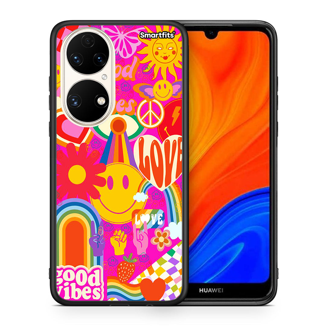 Θήκη Huawei P50 Hippie Love από τη Smartfits με σχέδιο στο πίσω μέρος και μαύρο περίβλημα | Huawei P50 Hippie Love case with colorful back and black bezels