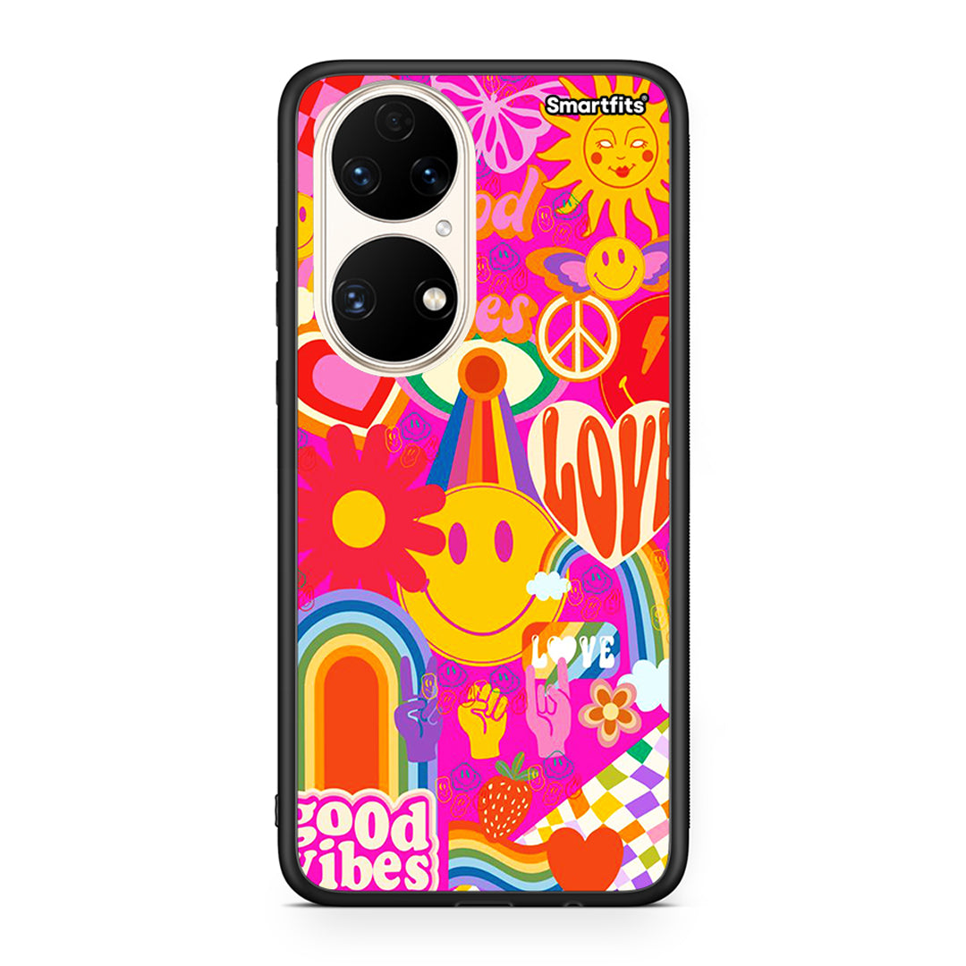 Huawei P50 Hippie Love θήκη από τη Smartfits με σχέδιο στο πίσω μέρος και μαύρο περίβλημα | Smartphone case with colorful back and black bezels by Smartfits