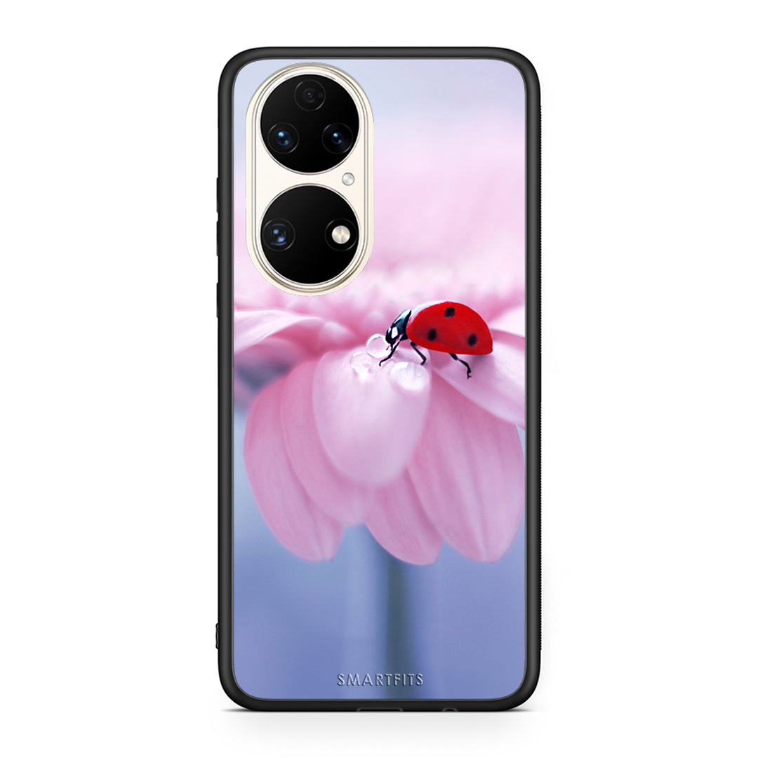 Huawei P50 Ladybug Flower θήκη από τη Smartfits με σχέδιο στο πίσω μέρος και μαύρο περίβλημα | Smartphone case with colorful back and black bezels by Smartfits