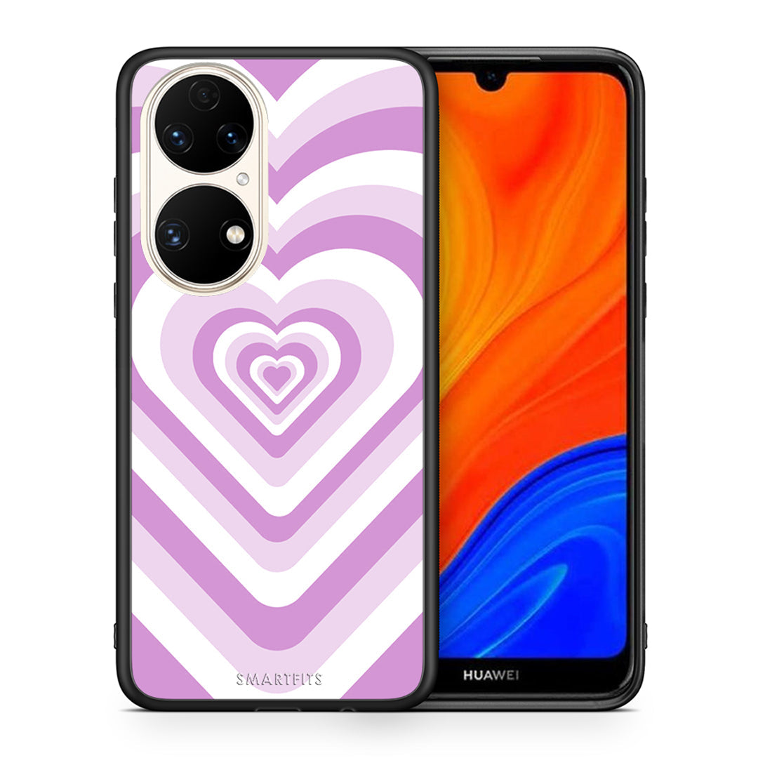 Θήκη Huawei P50 Lilac Hearts από τη Smartfits με σχέδιο στο πίσω μέρος και μαύρο περίβλημα | Huawei P50 Lilac Hearts case with colorful back and black bezels