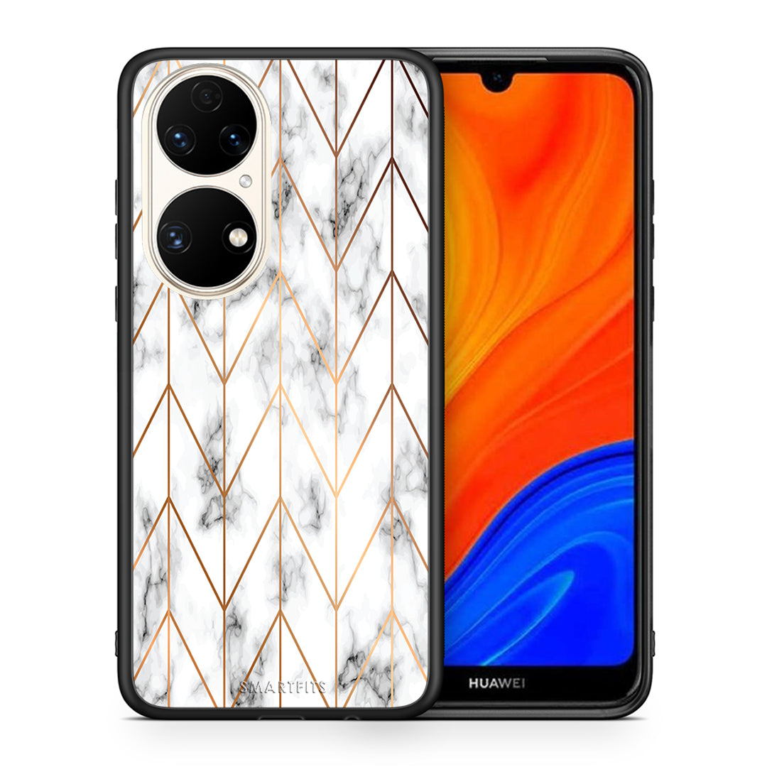 Θήκη Huawei P50 Gold Geometric Marble από τη Smartfits με σχέδιο στο πίσω μέρος και μαύρο περίβλημα | Huawei P50 Gold Geometric Marble case with colorful back and black bezels