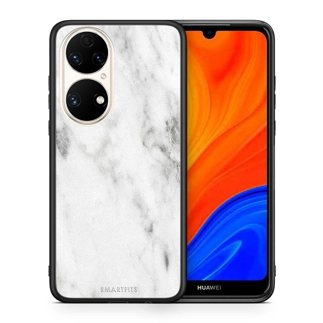 Θήκη Huawei P50 White Marble από τη Smartfits με σχέδιο στο πίσω μέρος και μαύρο περίβλημα | Huawei P50 White Marble case with colorful back and black bezels