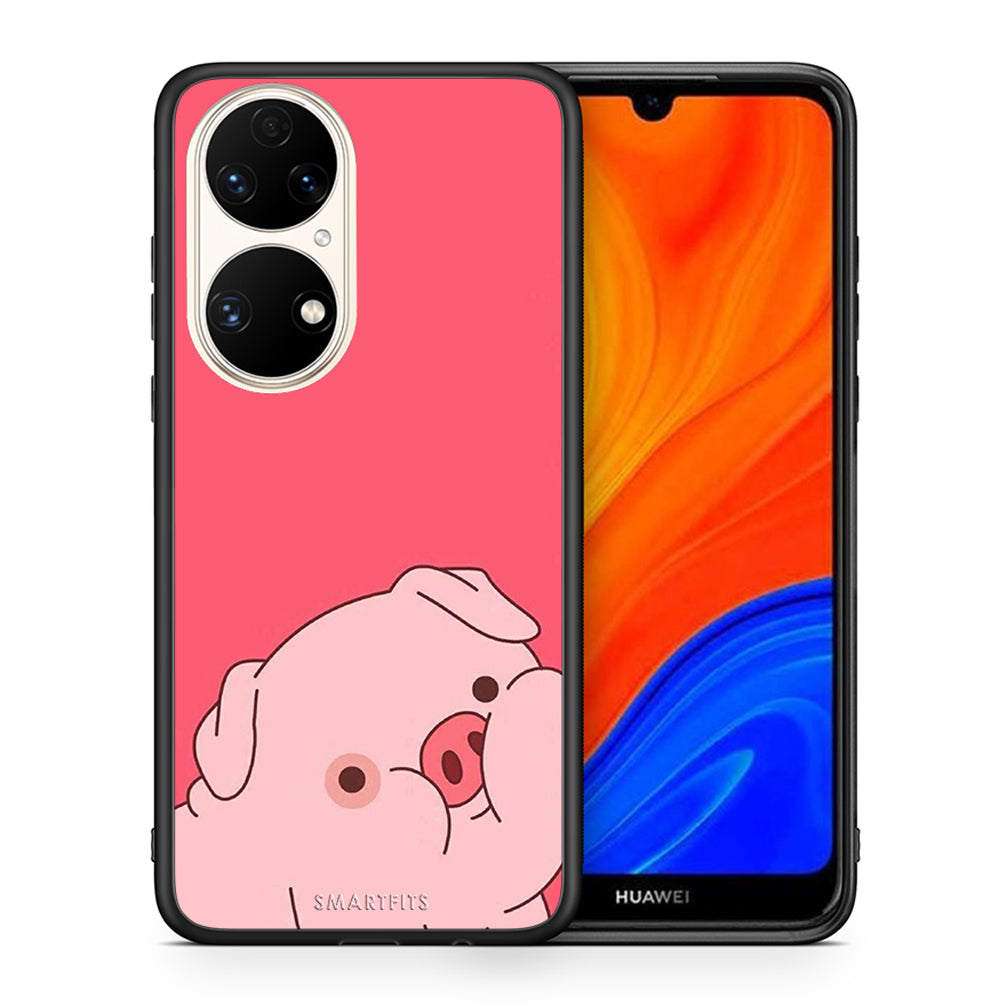 Θήκη Αγίου Βαλεντίνου Huawei P50 Pig Love 1 από τη Smartfits με σχέδιο στο πίσω μέρος και μαύρο περίβλημα | Huawei P50 Pig Love 1 case with colorful back and black bezels