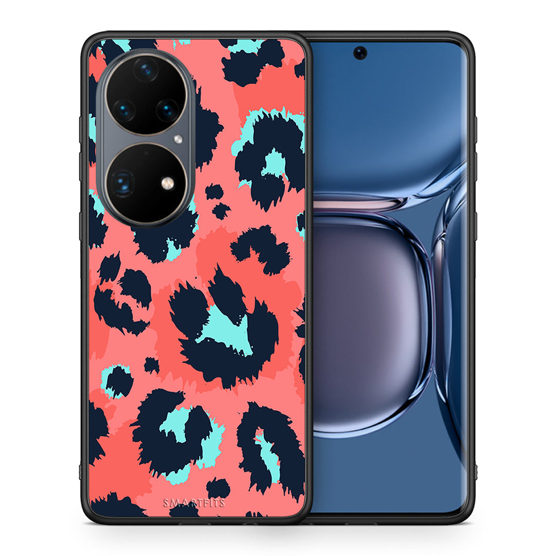 Θήκη Huawei P50 Pro Pink Leopard Animal από τη Smartfits με σχέδιο στο πίσω μέρος και μαύρο περίβλημα | Huawei P50 Pro Pink Leopard Animal case with colorful back and black bezels
