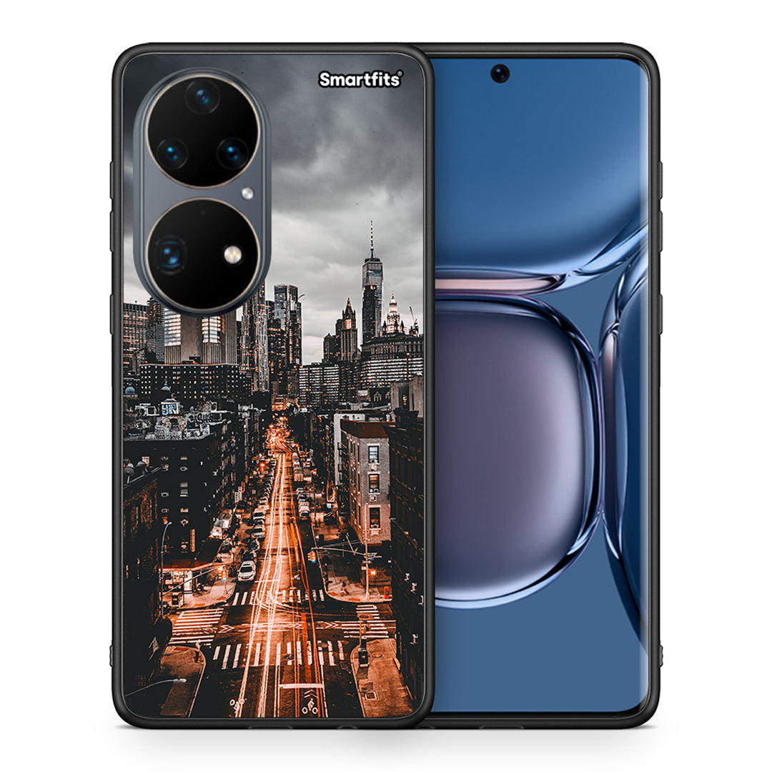 Θήκη Huawei P50 Pro City Lights από τη Smartfits με σχέδιο στο πίσω μέρος και μαύρο περίβλημα | Huawei P50 Pro City Lights case with colorful back and black bezels