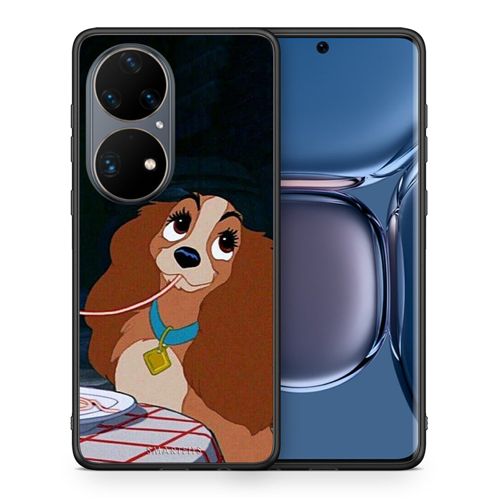 Θήκη Αγίου Βαλεντίνου Huawei P50 Pro Lady And Tramp 2 από τη Smartfits με σχέδιο στο πίσω μέρος και μαύρο περίβλημα | Huawei P50 Pro Lady And Tramp 2 case with colorful back and black bezels