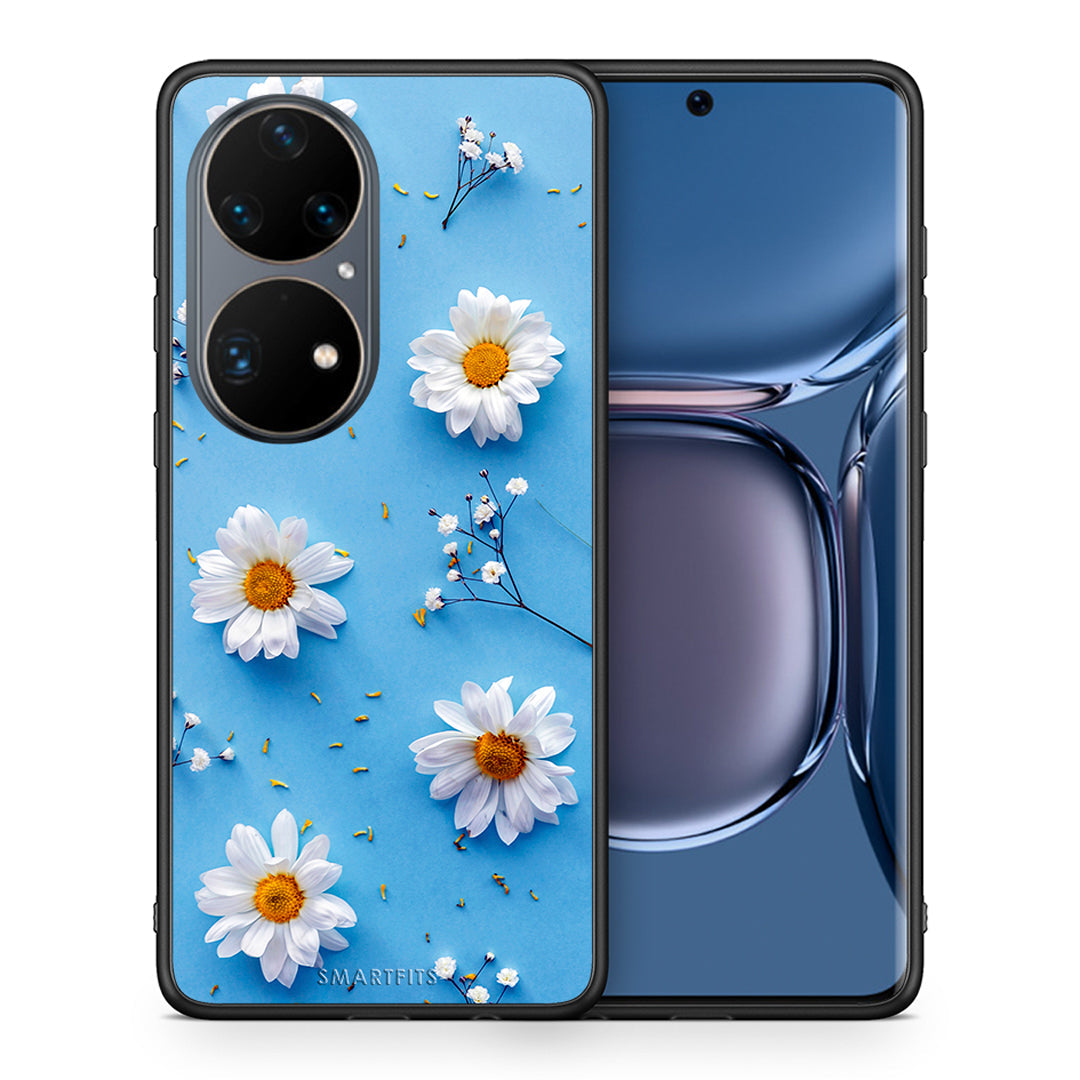 Θήκη Huawei P50 Pro Real Daisies από τη Smartfits με σχέδιο στο πίσω μέρος και μαύρο περίβλημα | Huawei P50 Pro Real Daisies case with colorful back and black bezels