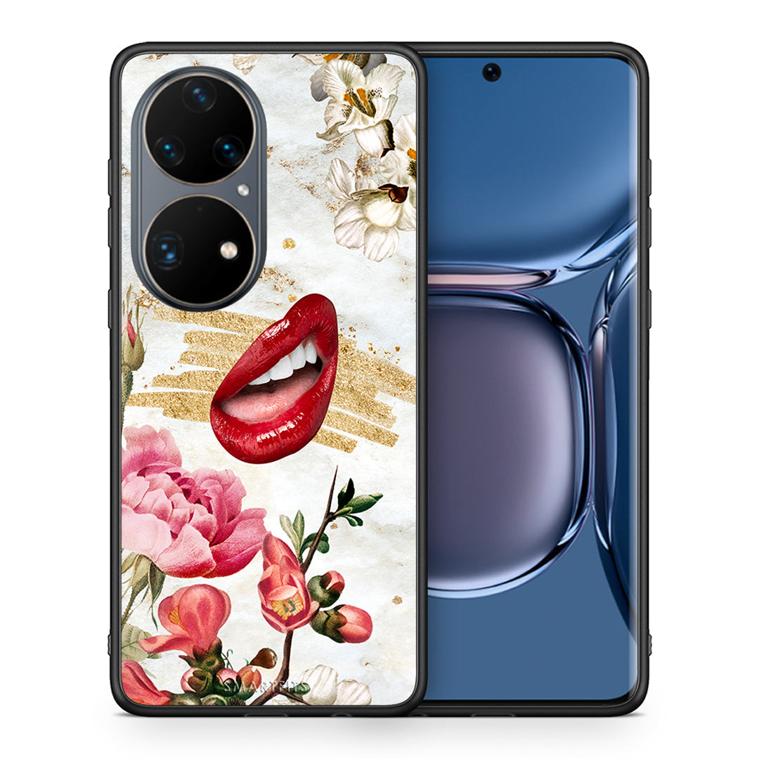 Θήκη Huawei P50 Pro Red Lips από τη Smartfits με σχέδιο στο πίσω μέρος και μαύρο περίβλημα | Huawei P50 Pro Red Lips case with colorful back and black bezels