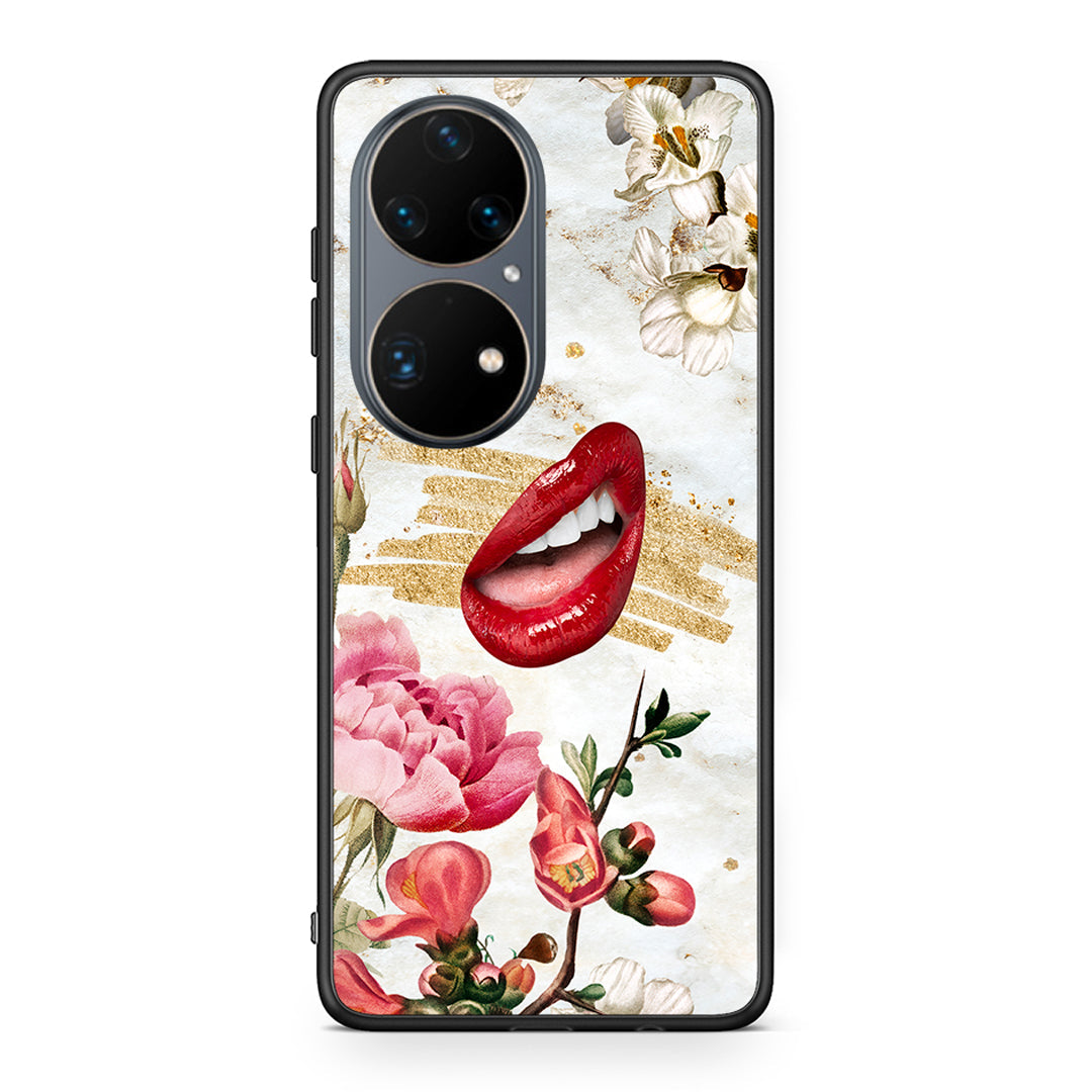 Huawei P50 Pro Red Lips θήκη από τη Smartfits με σχέδιο στο πίσω μέρος και μαύρο περίβλημα | Smartphone case with colorful back and black bezels by Smartfits