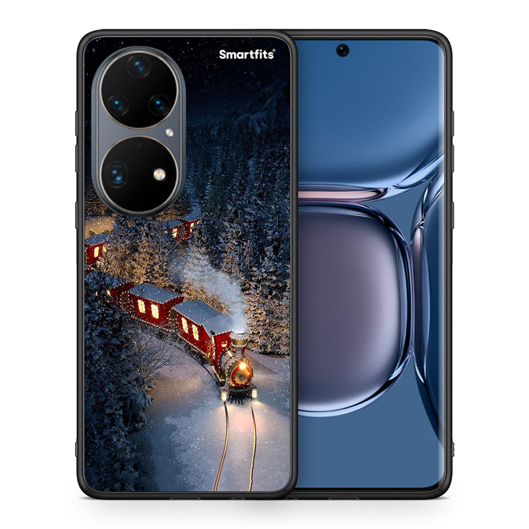 Θήκη Huawei P50 Pro Xmas Train από τη Smartfits με σχέδιο στο πίσω μέρος και μαύρο περίβλημα | Huawei P50 Pro Xmas Train case with colorful back and black bezels