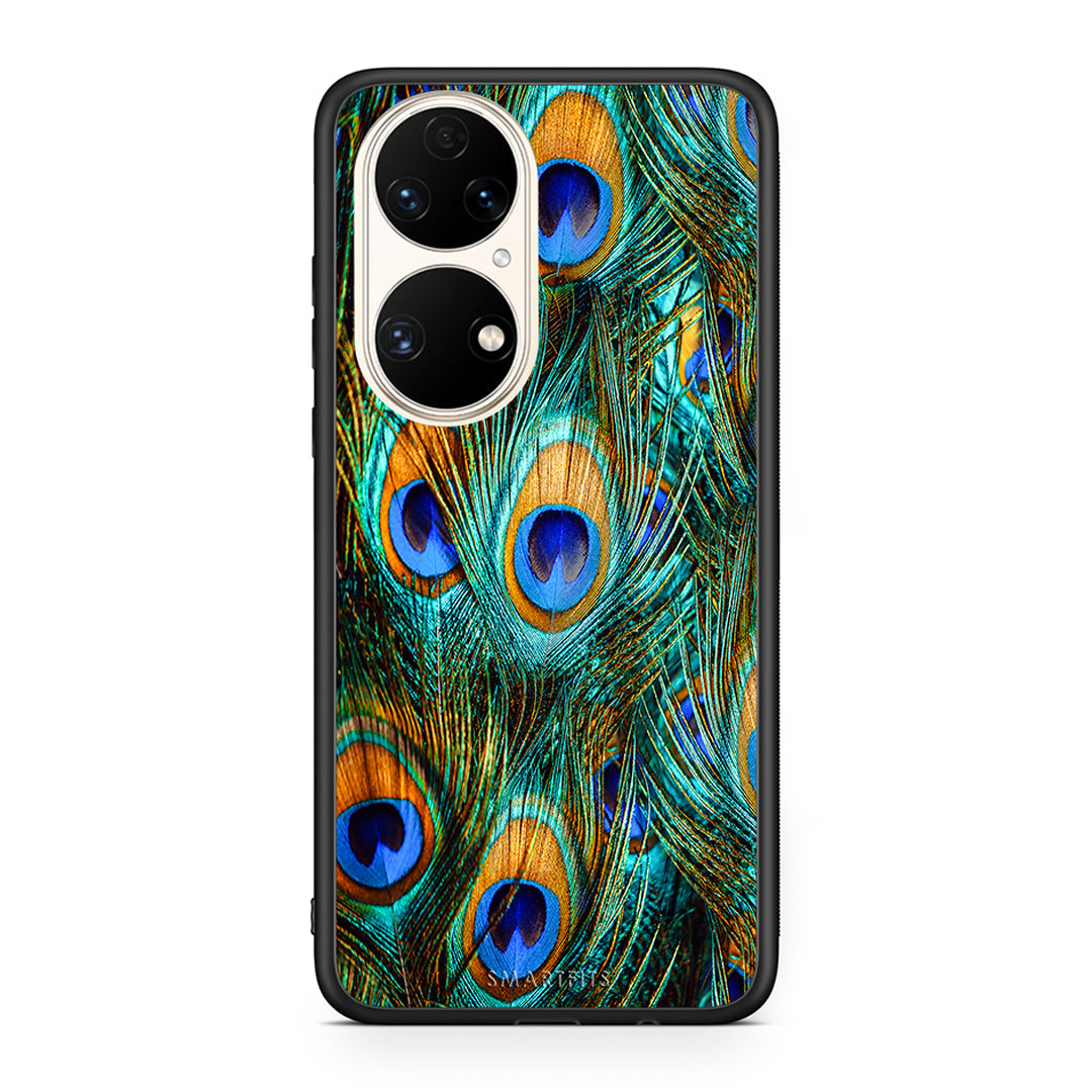 Huawei P50 Real Peacock Feathers θήκη από τη Smartfits με σχέδιο στο πίσω μέρος και μαύρο περίβλημα | Smartphone case with colorful back and black bezels by Smartfits