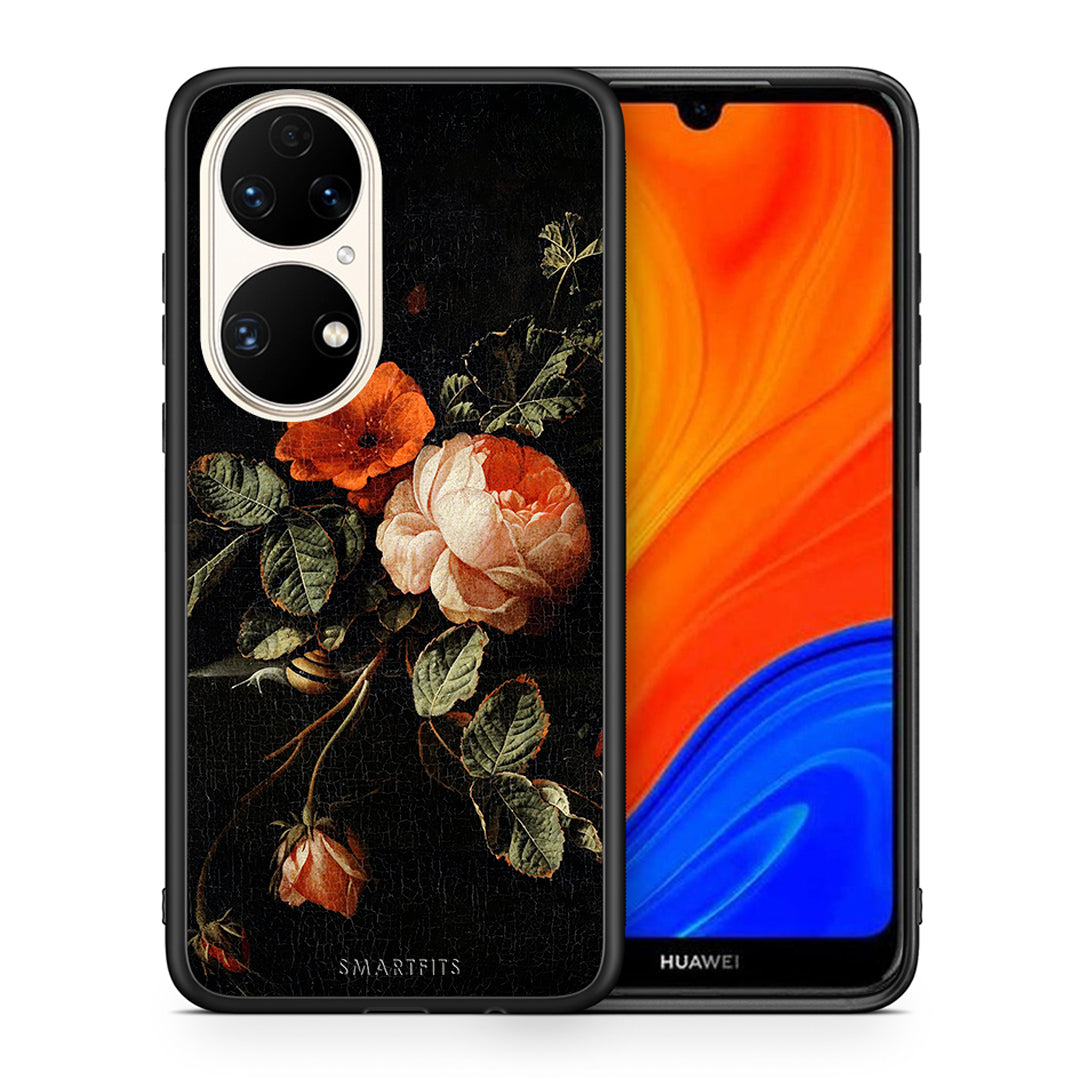 Θήκη Huawei P50 Vintage Roses από τη Smartfits με σχέδιο στο πίσω μέρος και μαύρο περίβλημα | Huawei P50 Vintage Roses case with colorful back and black bezels