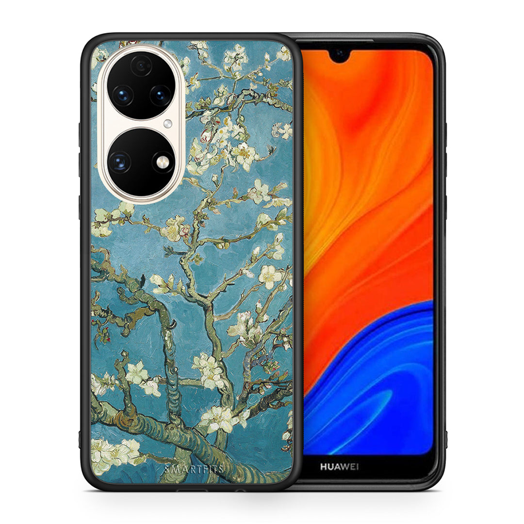 Θήκη Huawei P50 White Blossoms από τη Smartfits με σχέδιο στο πίσω μέρος και μαύρο περίβλημα | Huawei P50 White Blossoms case with colorful back and black bezels