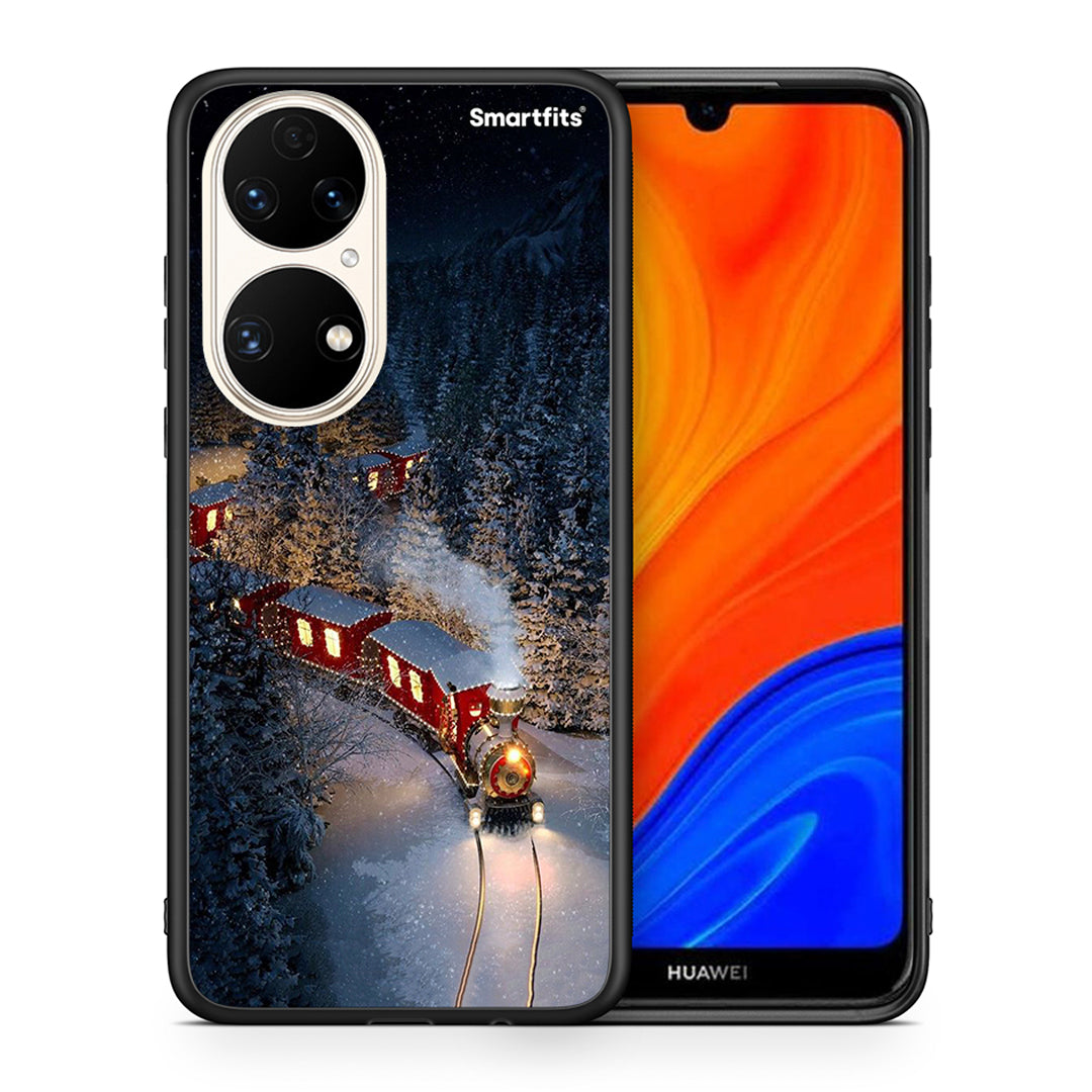 Θήκη Huawei P50 Xmas Train από τη Smartfits με σχέδιο στο πίσω μέρος και μαύρο περίβλημα | Huawei P50 Xmas Train case with colorful back and black bezels