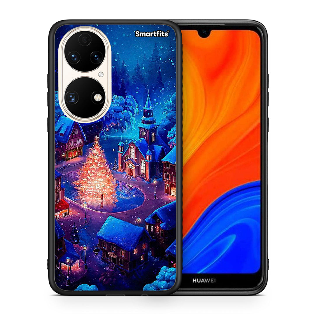 Θήκη Huawei P50 Xmas Village από τη Smartfits με σχέδιο στο πίσω μέρος και μαύρο περίβλημα | Huawei P50 Xmas Village case with colorful back and black bezels