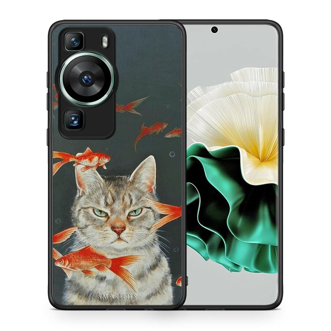 Θήκη Huawei P60 Cat Goldfish από τη Smartfits με σχέδιο στο πίσω μέρος και μαύρο περίβλημα | Huawei P60 Cat Goldfish Case with Colorful Back and Black Bezels