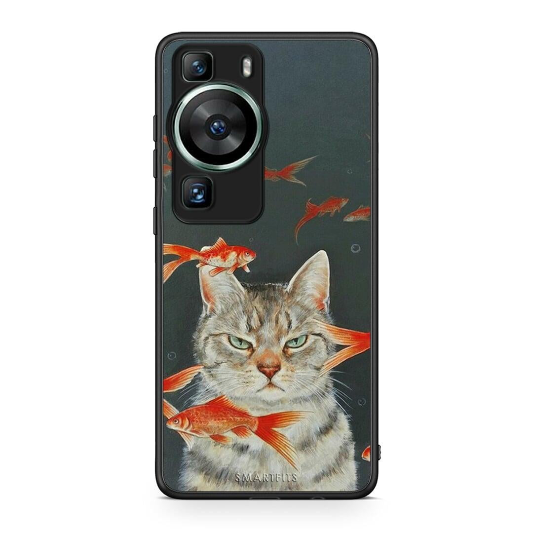 Θήκη Huawei P60 Cat Goldfish από τη Smartfits με σχέδιο στο πίσω μέρος και μαύρο περίβλημα | Huawei P60 Cat Goldfish Case with Colorful Back and Black Bezels