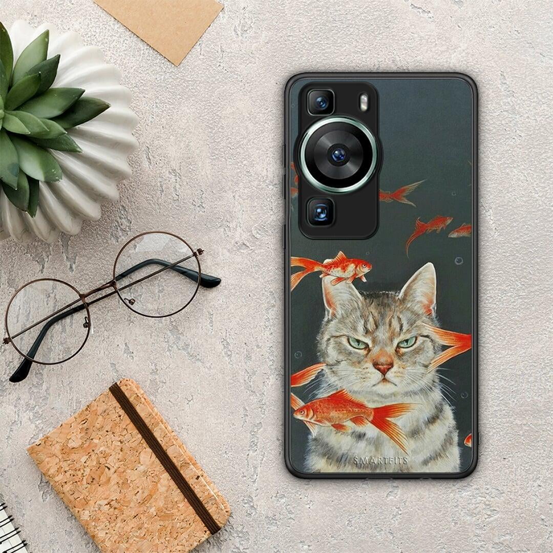 Θήκη Huawei P60 Cat Goldfish από τη Smartfits με σχέδιο στο πίσω μέρος και μαύρο περίβλημα | Huawei P60 Cat Goldfish Case with Colorful Back and Black Bezels