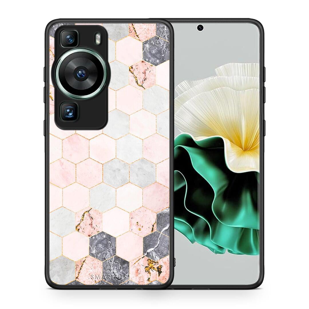 Θήκη Huawei P60 Marble Hexagon Pink από τη Smartfits με σχέδιο στο πίσω μέρος και μαύρο περίβλημα | Huawei P60 Marble Hexagon Pink Case with Colorful Back and Black Bezels