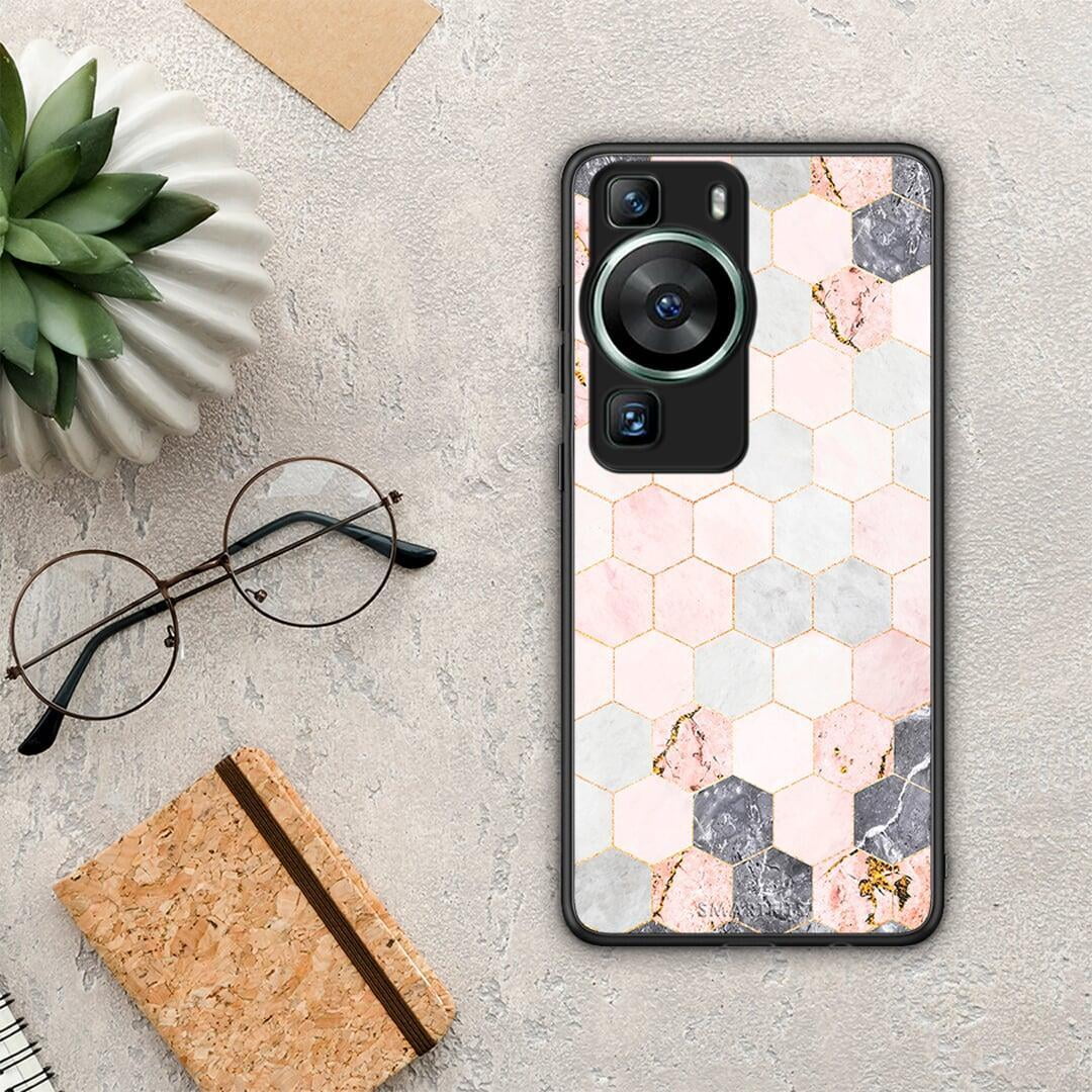 Θήκη Huawei P60 Marble Hexagon Pink από τη Smartfits με σχέδιο στο πίσω μέρος και μαύρο περίβλημα | Huawei P60 Marble Hexagon Pink Case with Colorful Back and Black Bezels