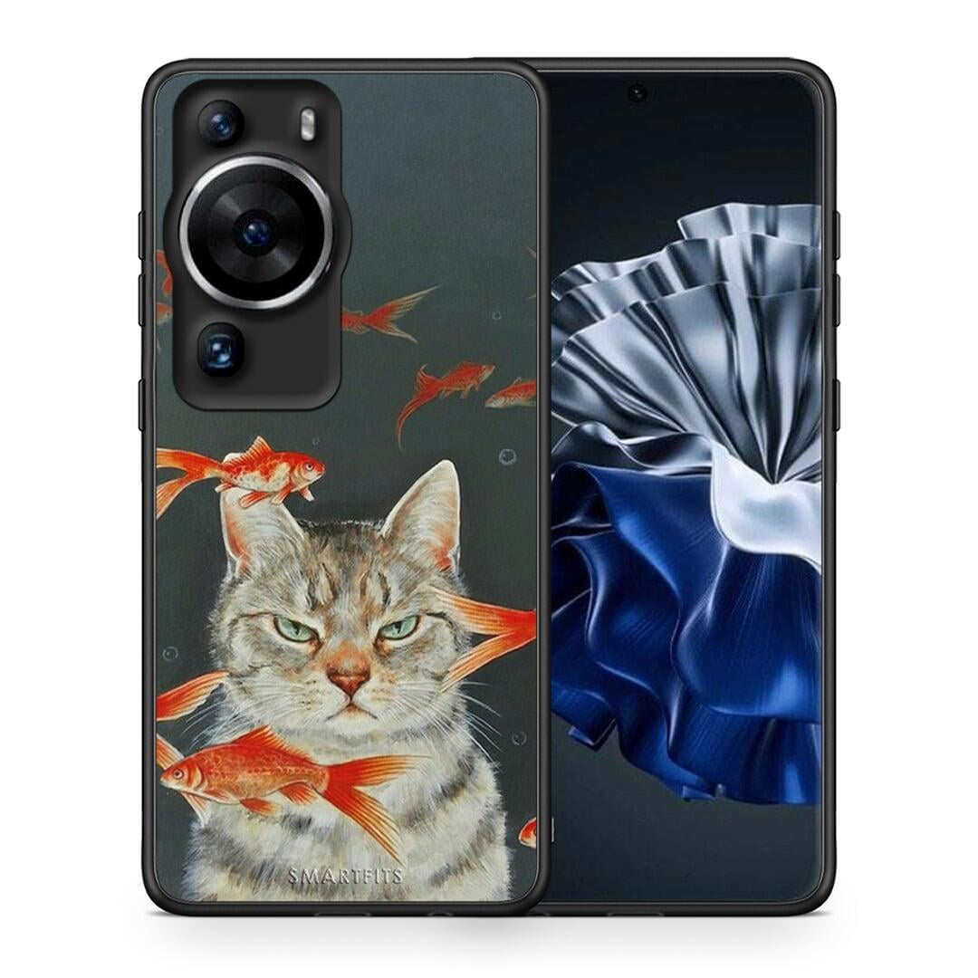 Θήκη Huawei P60 Pro Cat Goldfish από τη Smartfits με σχέδιο στο πίσω μέρος και μαύρο περίβλημα | Huawei P60 Pro Cat Goldfish Case with Colorful Back and Black Bezels