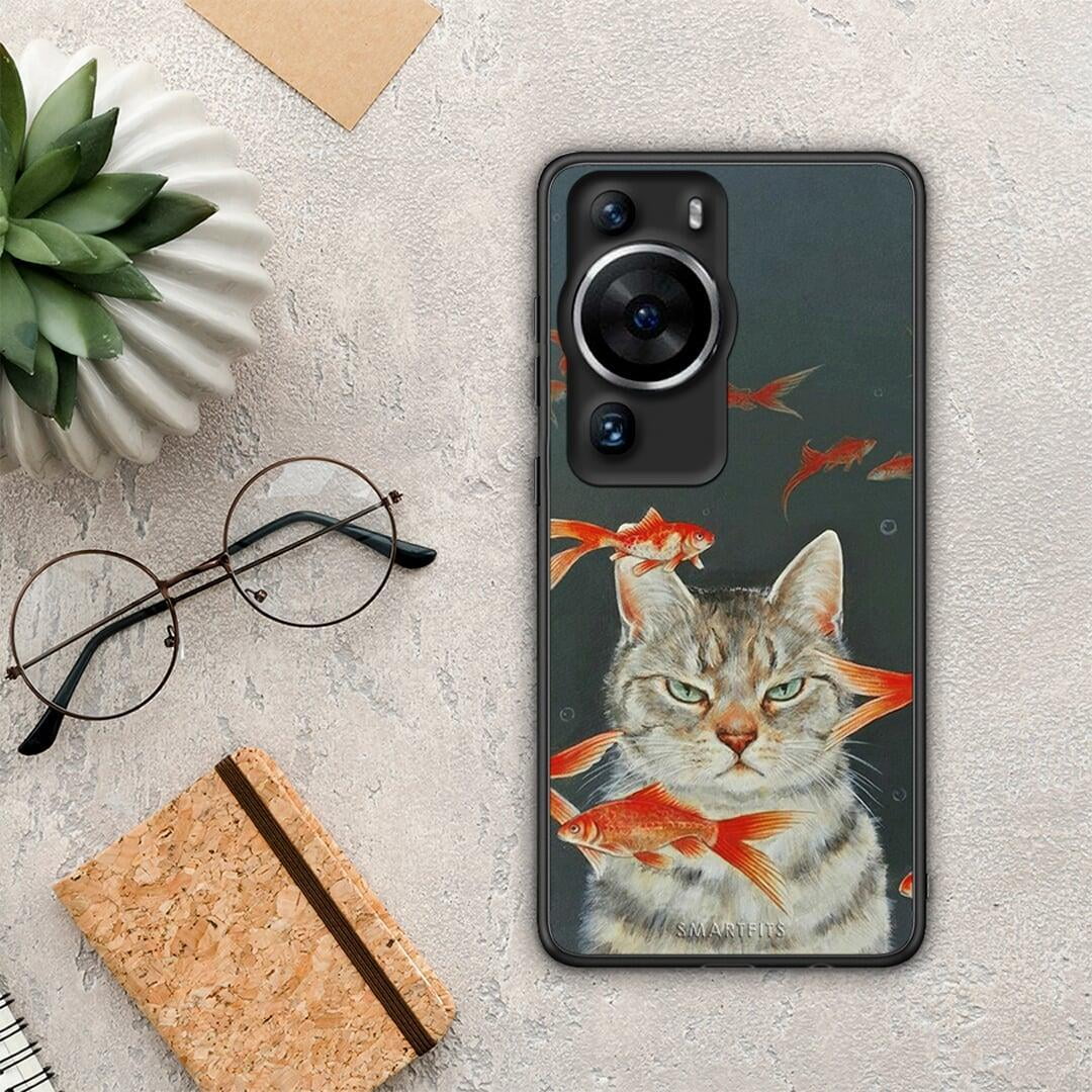 Θήκη Huawei P60 Pro Cat Goldfish από τη Smartfits με σχέδιο στο πίσω μέρος και μαύρο περίβλημα | Huawei P60 Pro Cat Goldfish Case with Colorful Back and Black Bezels